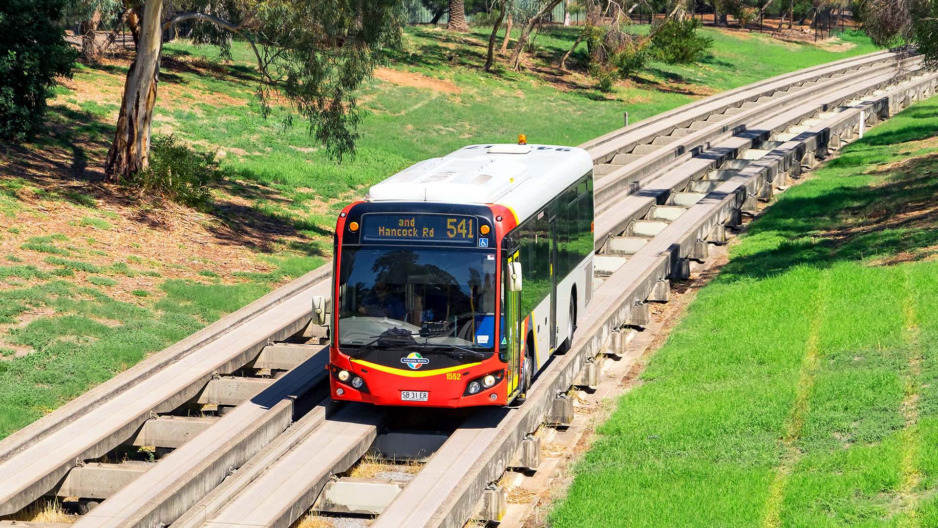 Opened in 1986, the Adelaide Metro bus on Route 541 heads away from the city center along the O-Bahn guided Busway. (Getty Images)