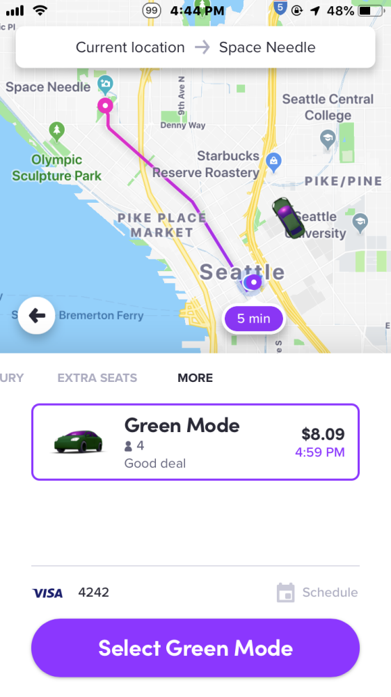 Lyft product shot of a Seattle pickup and drop-off location, featuring Green Mode.