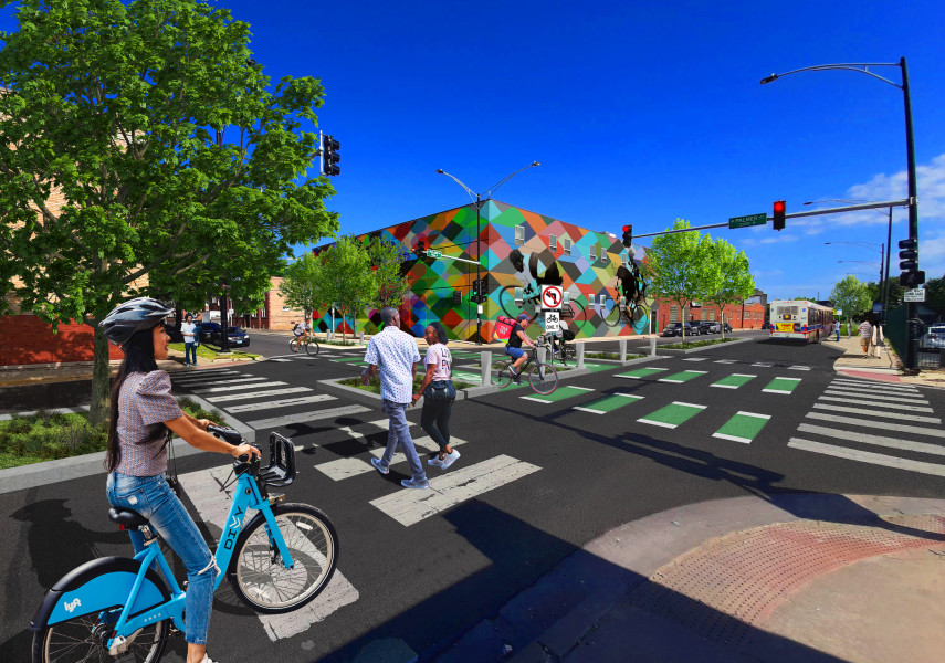Proposed Resilient Street renderings in Columbus, Washington D.C., Minneapolis, Queens, Chicago, and Somerville. Developed by Street Plans.