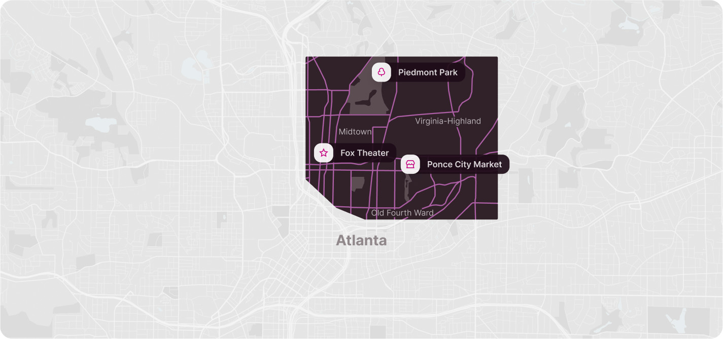 Map of Atlanta highlighting Midtown attractions including Piedmont Park, Fox Theater, and Ponce City Market.