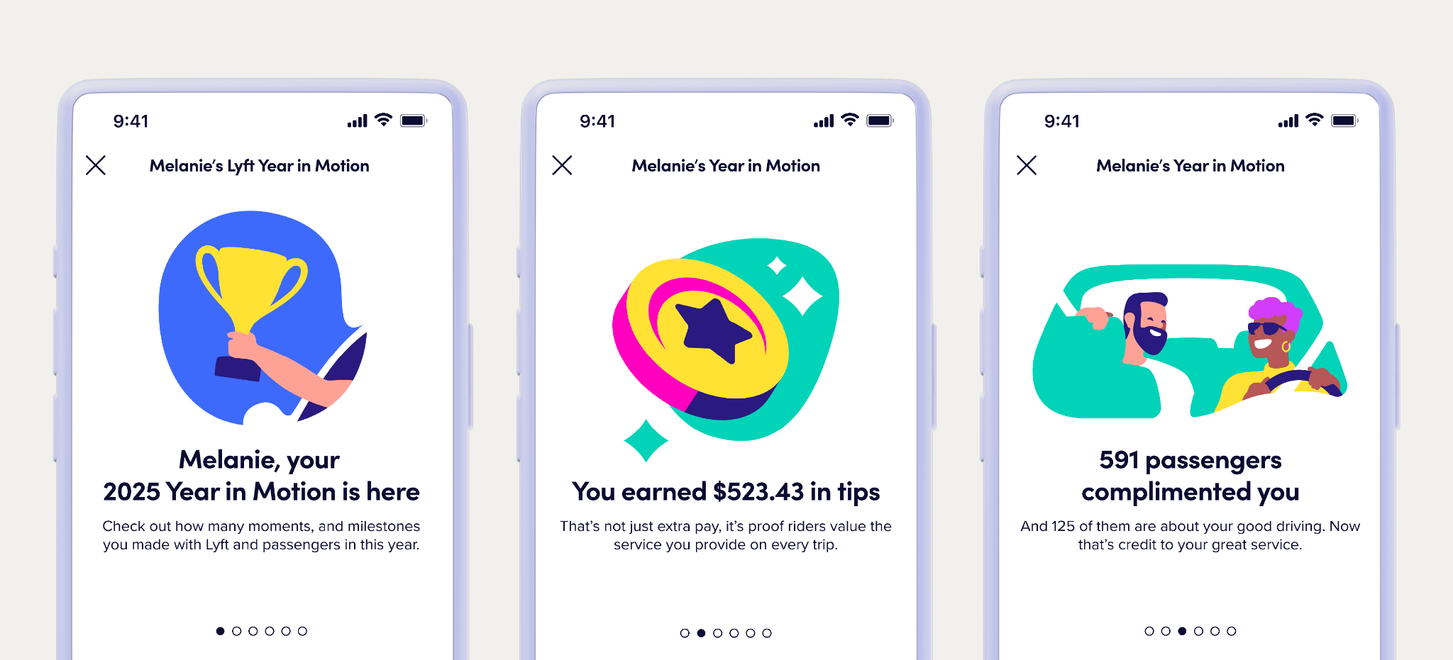 App screens of Lyft's 2025 Year in Motion stats for drivers.