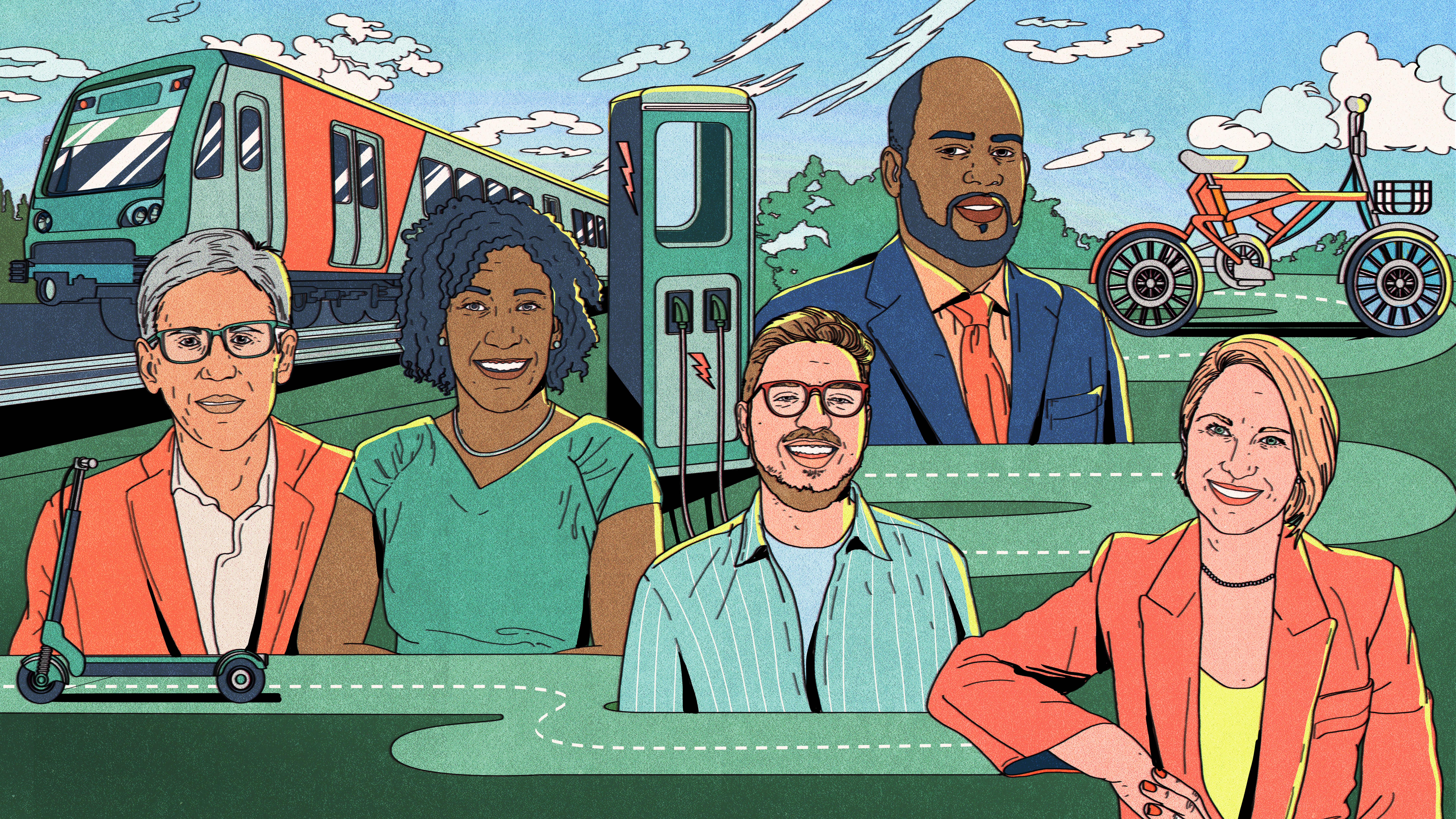 Illustration of Steve Levine, Kristen Jeffers, Hayden Clarkin, Charles T. Brown, and Natalia Barbour with various modes of transportation.