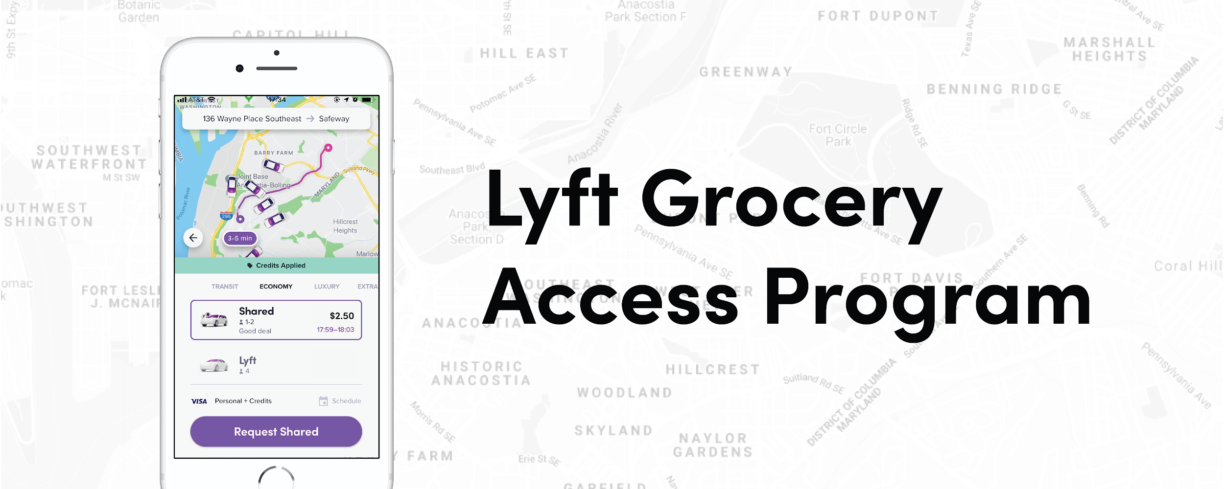 An image of the Lyft App with Lyft Grocery Access Program written to the right side.