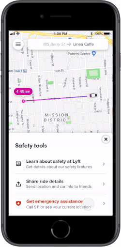 A GIF showing the 911 feature for riders in the Lyft app.