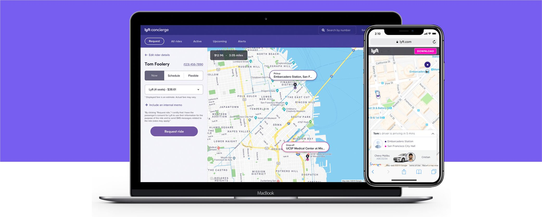 A Lyft Concierge product shot that shows a map with pick up and drop-off locations for a healthcare customer.
