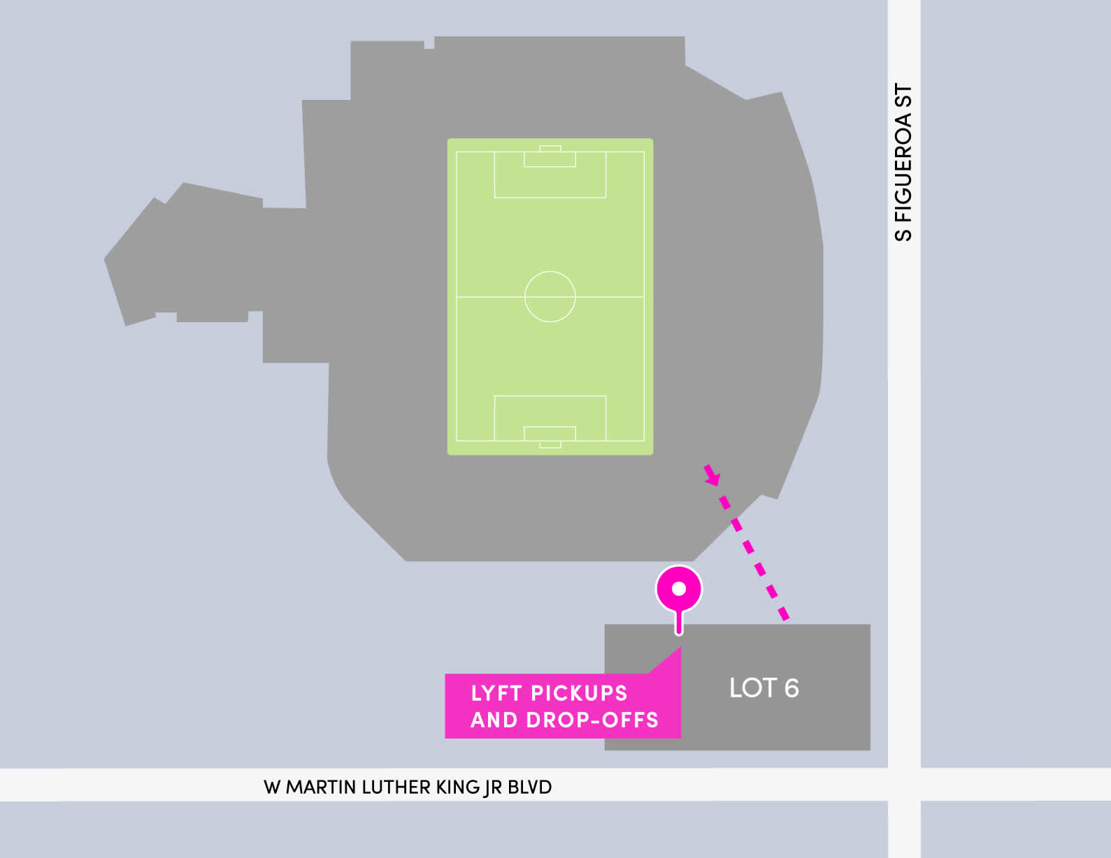 A map of the Lyft pickup and drop-off area in lot 6 at LAFC.
