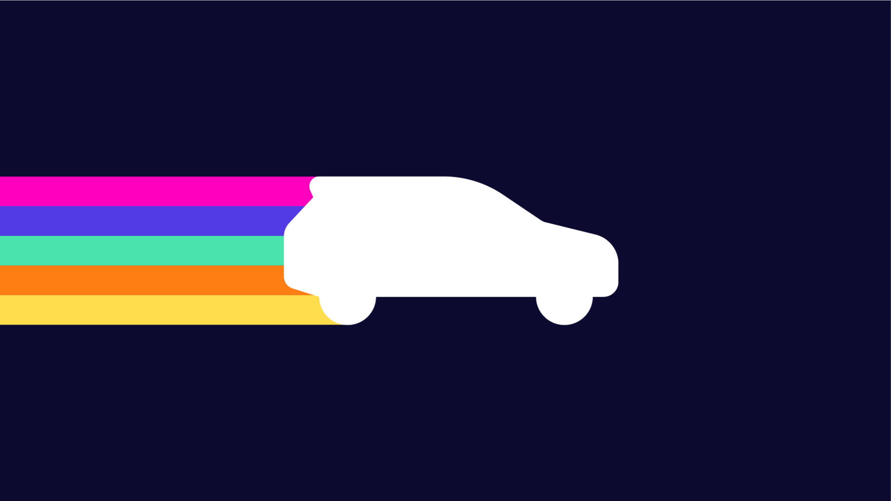 graphical illustration of a a white silhouette of an SUV with magenta, blue, teal, orange and yellow color bars extending from the bumper on a dark blue background.