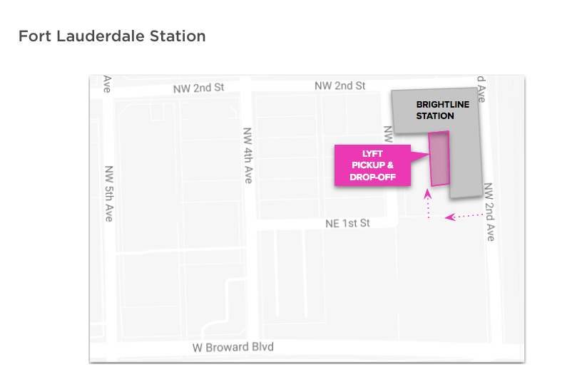 A map of pickup and drop-off locations at Fort Lauderdale Station.