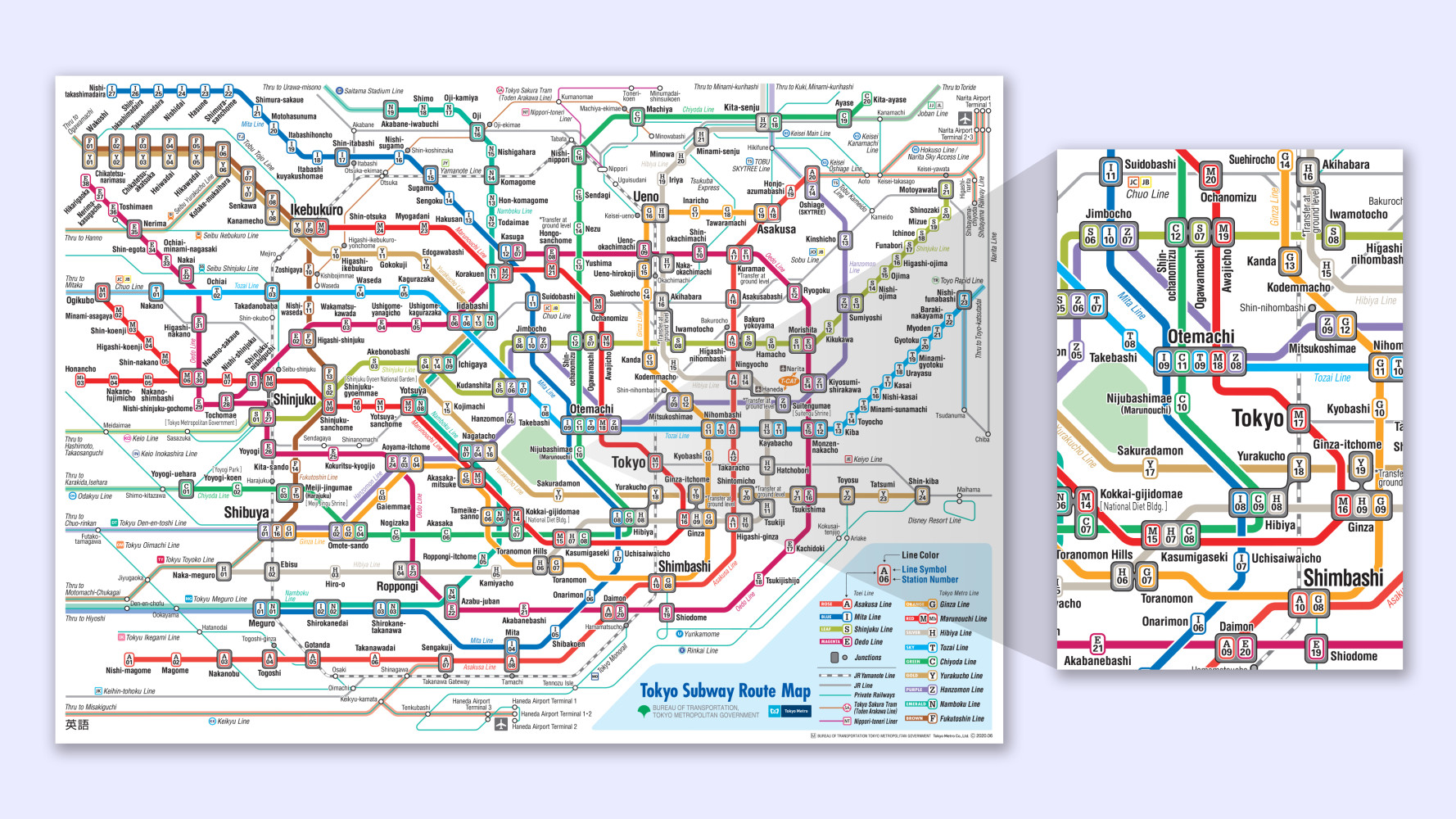 A map of the Toei Subway in Tokyo, Japan with a detail view. Original by the Bureau of Transportation, Tokyo Metropolitan Government.