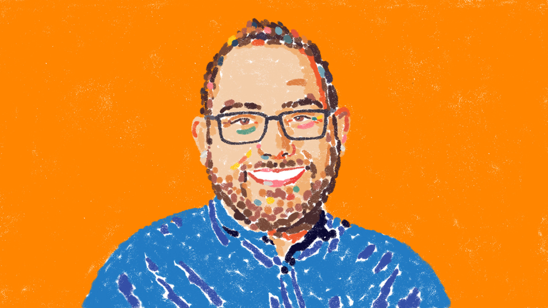 Illustrated portrait of a smiling bearded man wearing a blue shirt and glasses on an orange background.