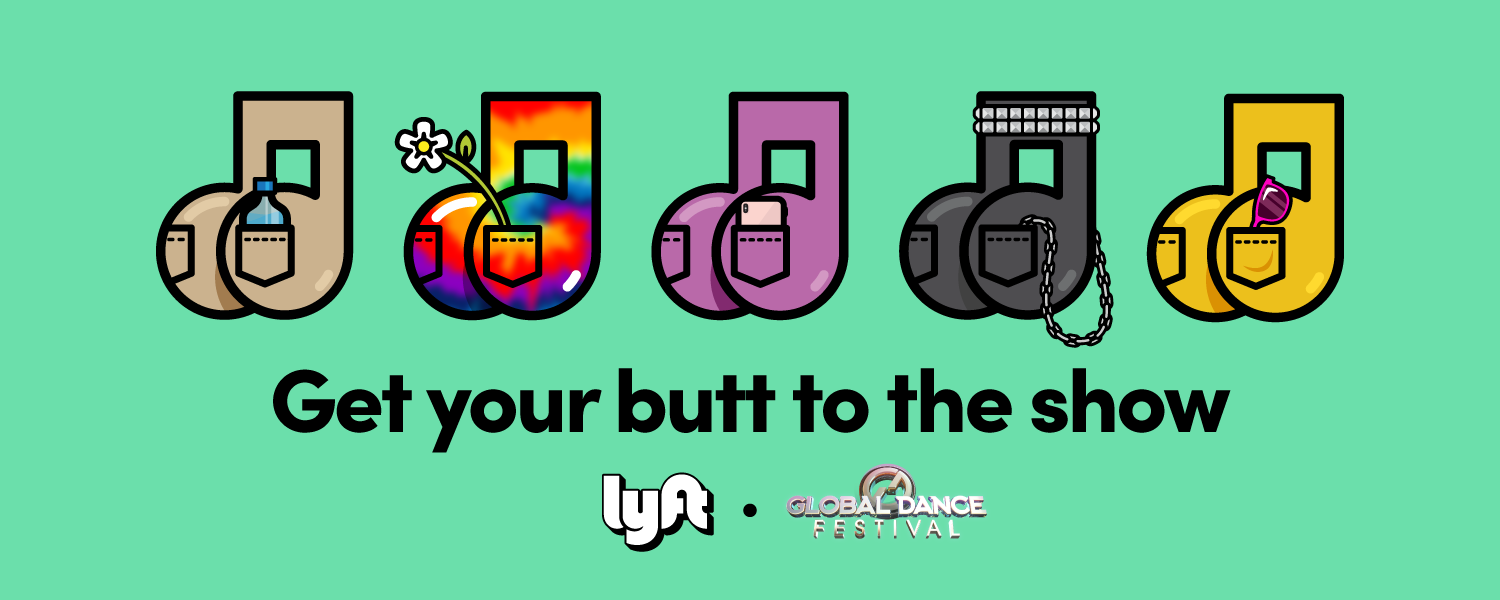 Illustrated butts in different outfits with items in the back pocket including a wallet, a flower, sunglasses, and a water bottle.