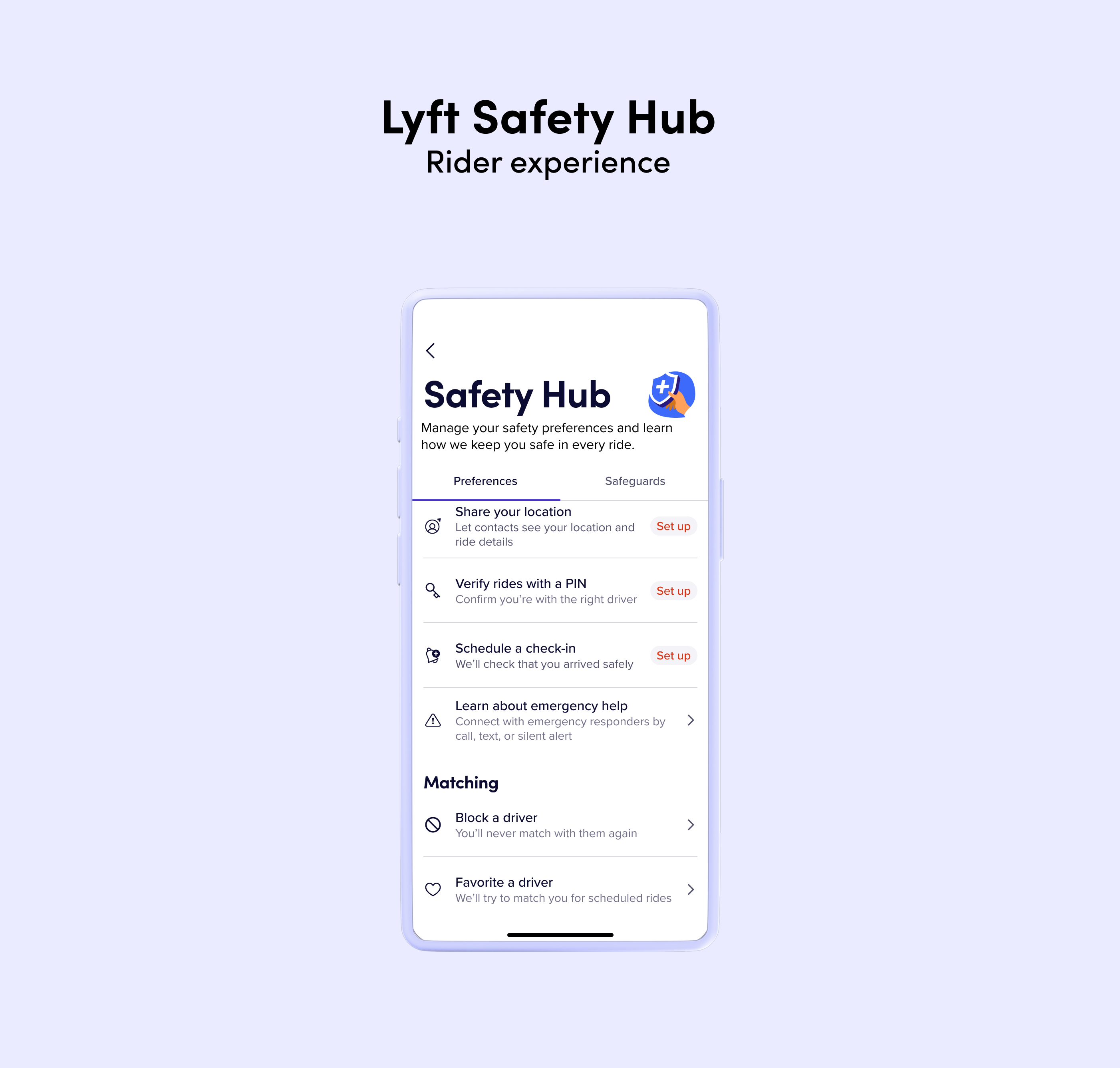 Lyft Safety Hub app screen showing rider safety features and preference options. 