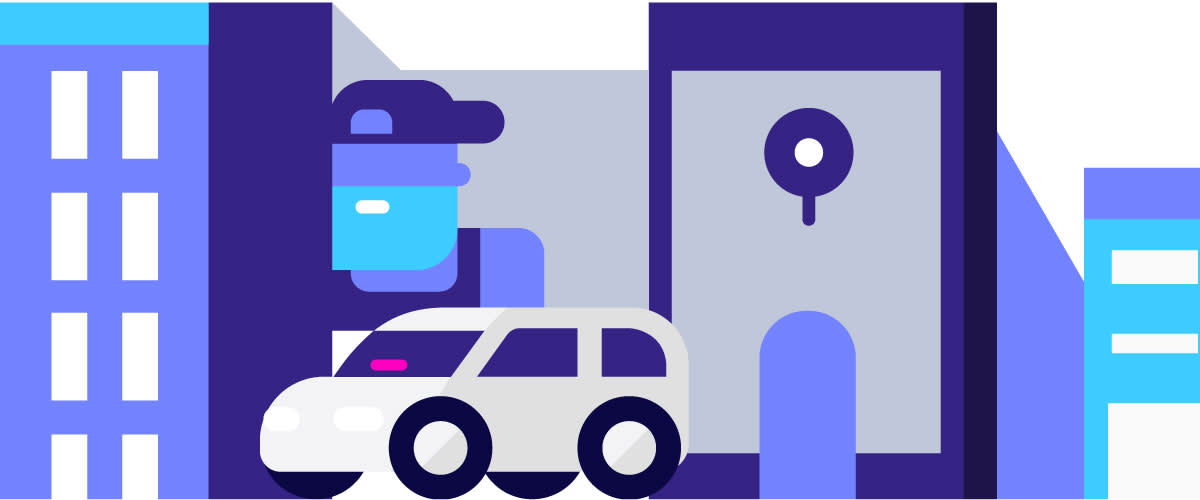 An illustration of a driver and a car with a Lyft Amp in the windshield.