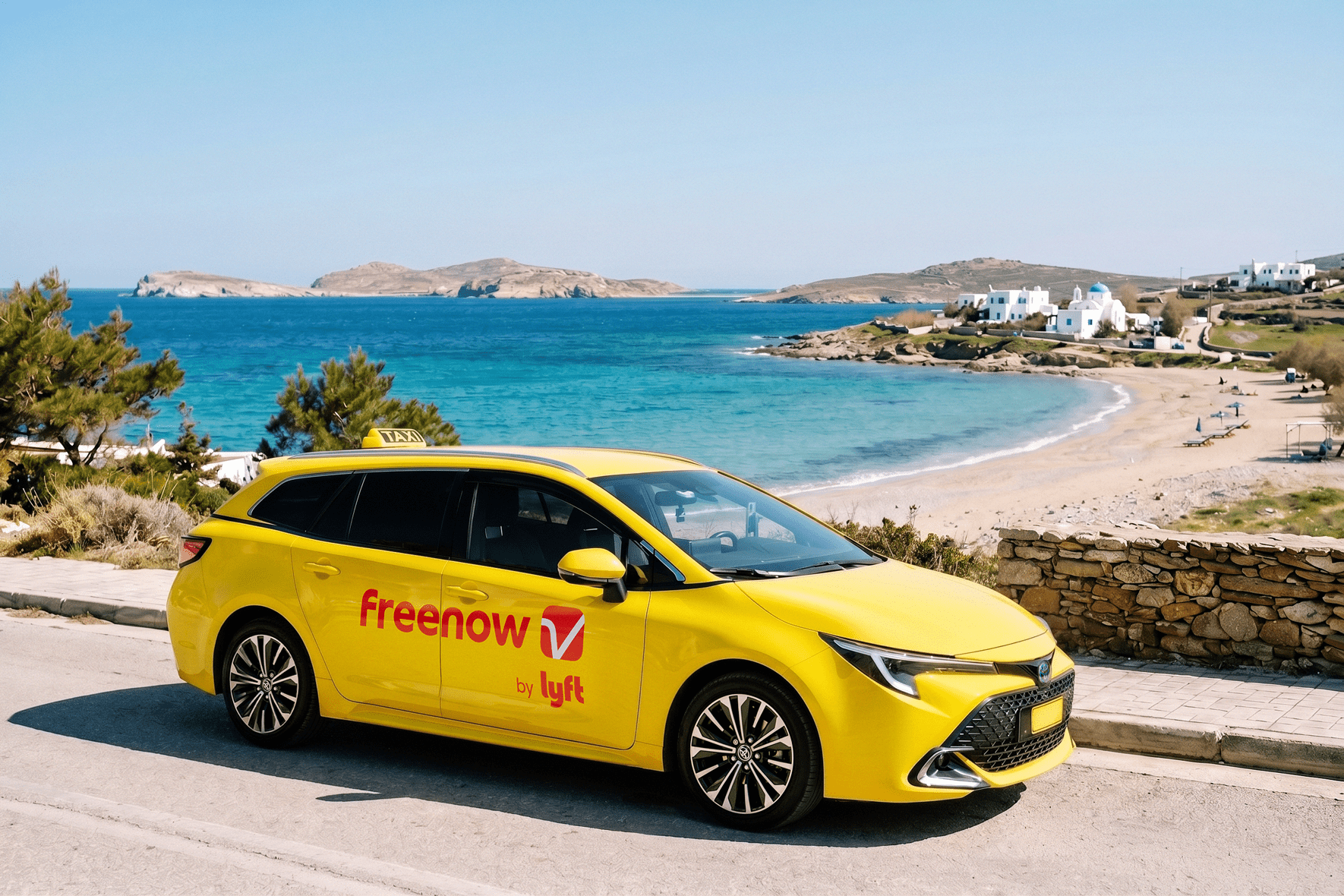 A Freenow by Lyft taxi on the Greek island of Andros, one of the new destinations added in 2026