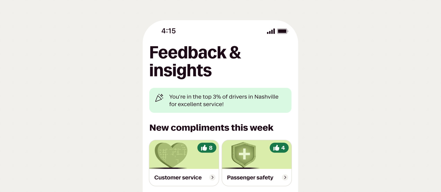 A mobile app screen titled "Feedback & insights" shows a notification about top driver status and two cards for "Customer service" and "Passenger safety."