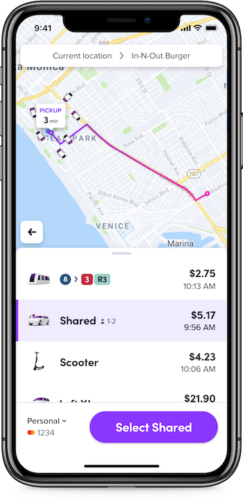 A GIF of the mode selector in the Lyft app.
