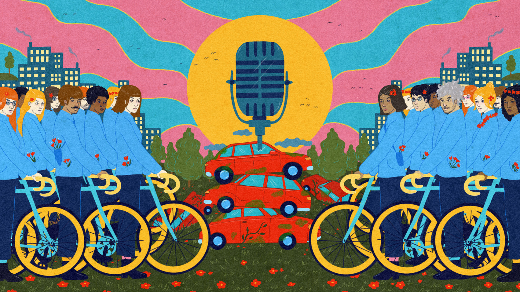Illustration of cityscape with trees and greenery with a group of bikers huddled around a pile of cars that are pinned down by a large microphone.