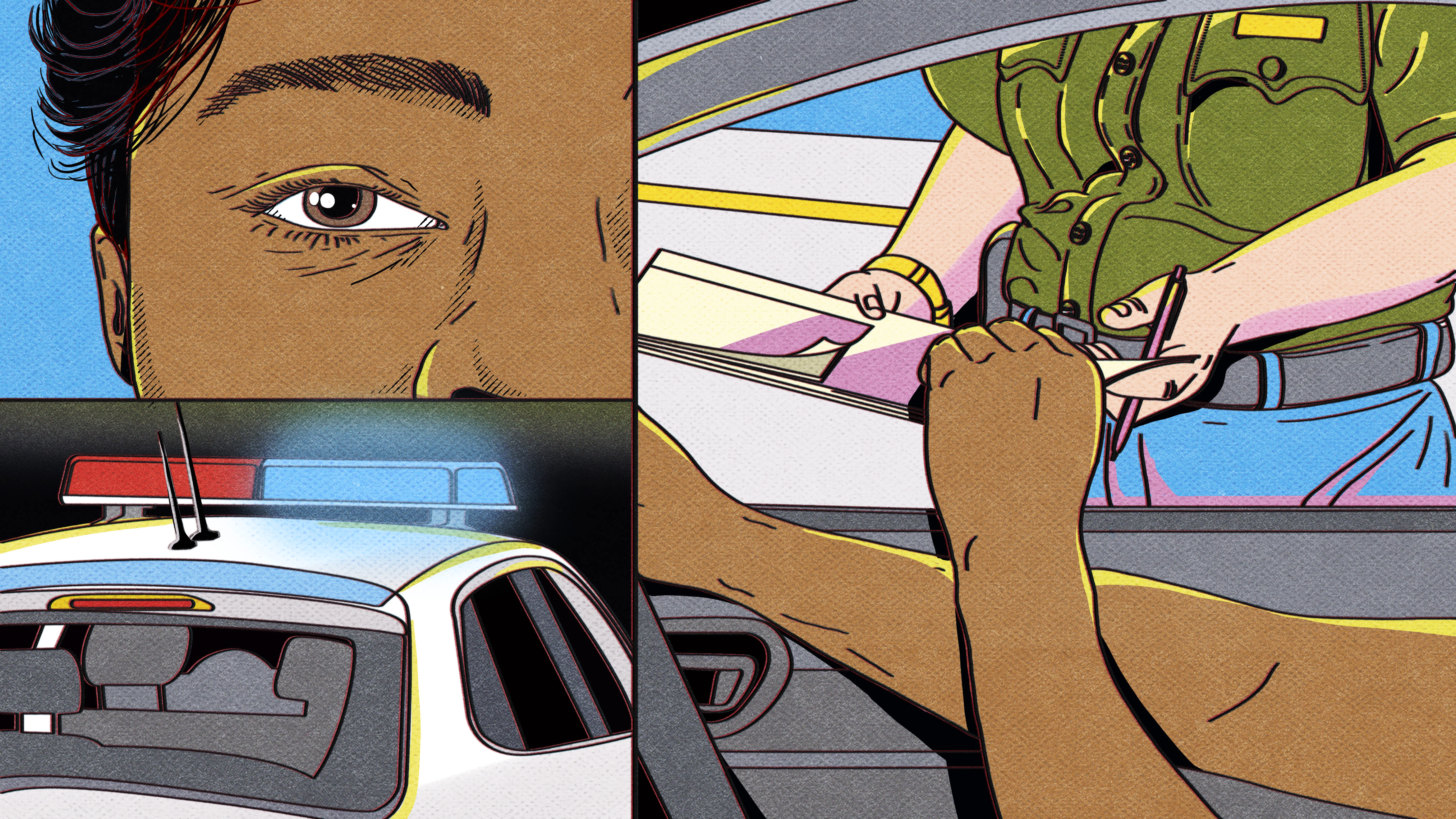 Graphic illustration of a person being pulled over by the cops.