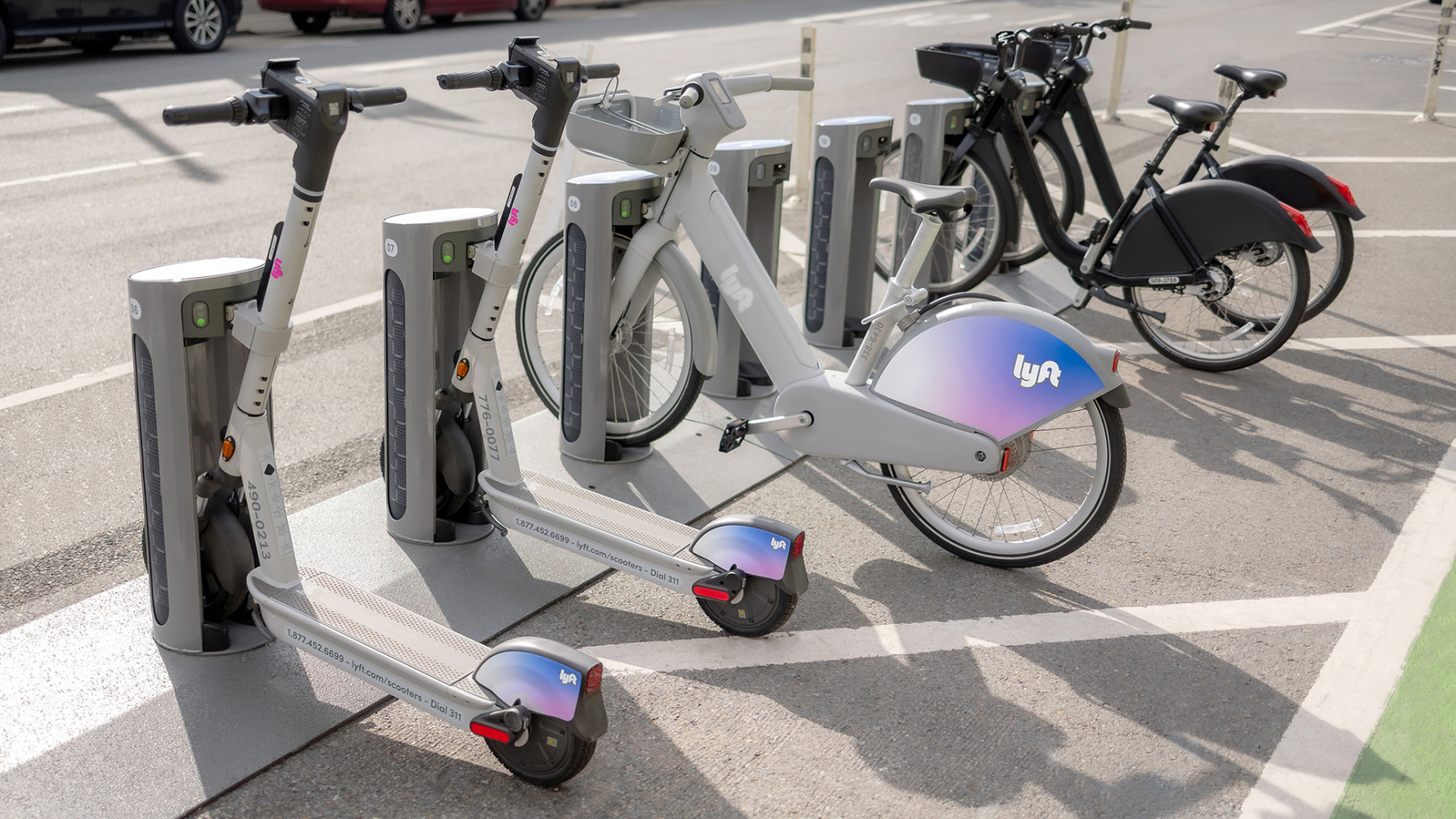 Lyft Pillar Docking station with bikes and scooters.