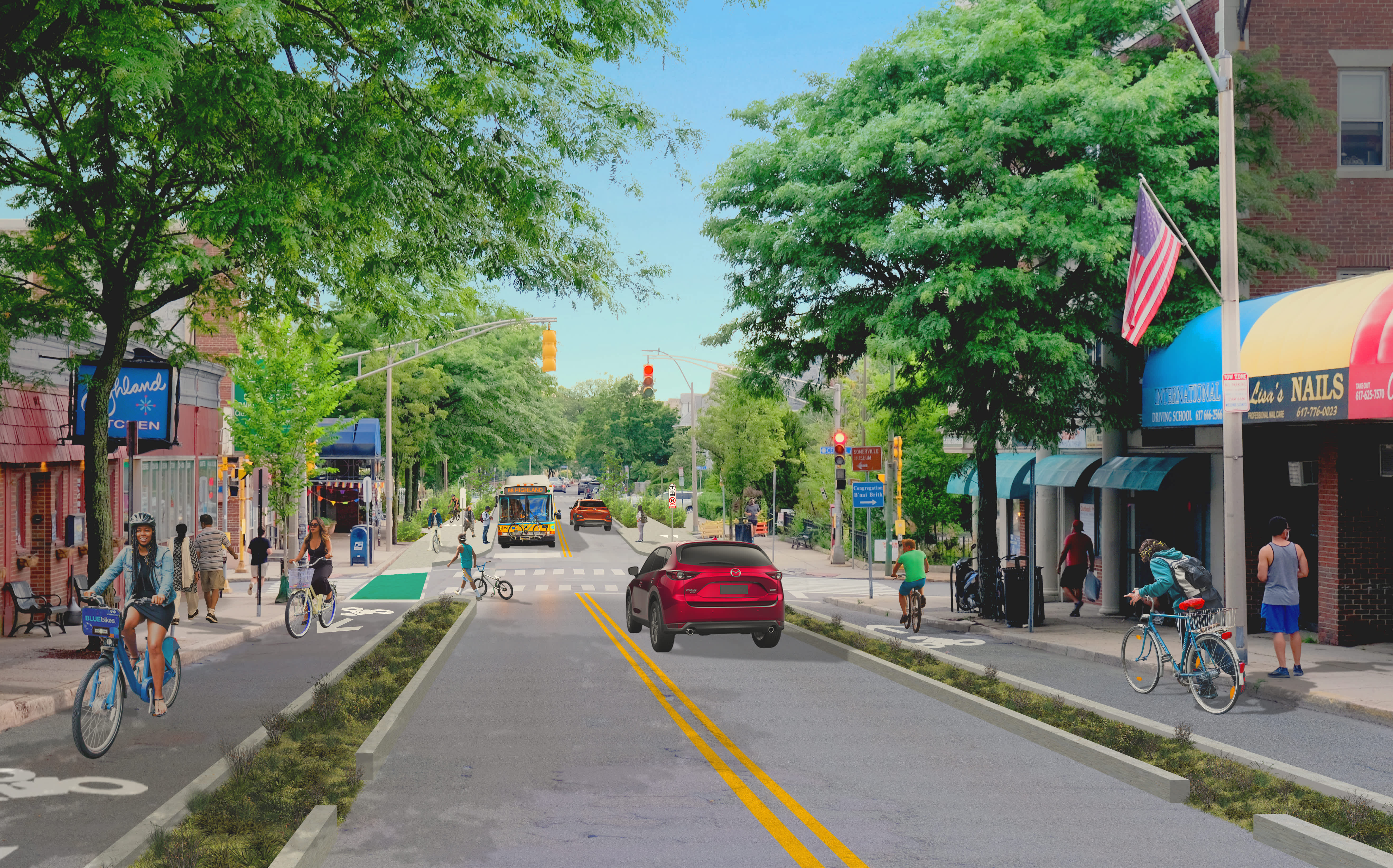 Proposed Resilient Street renderings in Columbus, Washington D.C., Minneapolis, Queens, Chicago, and Somerville. Developed by Street Plans.