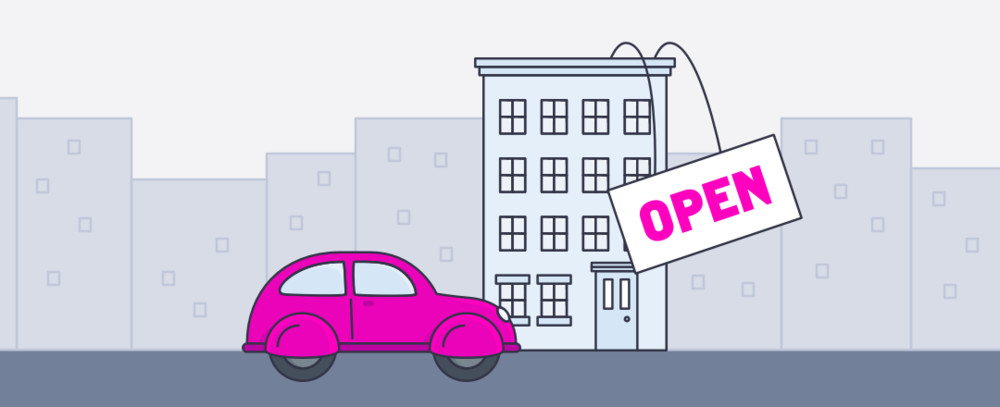 Illustrated Lyft in front of a building with an open sign