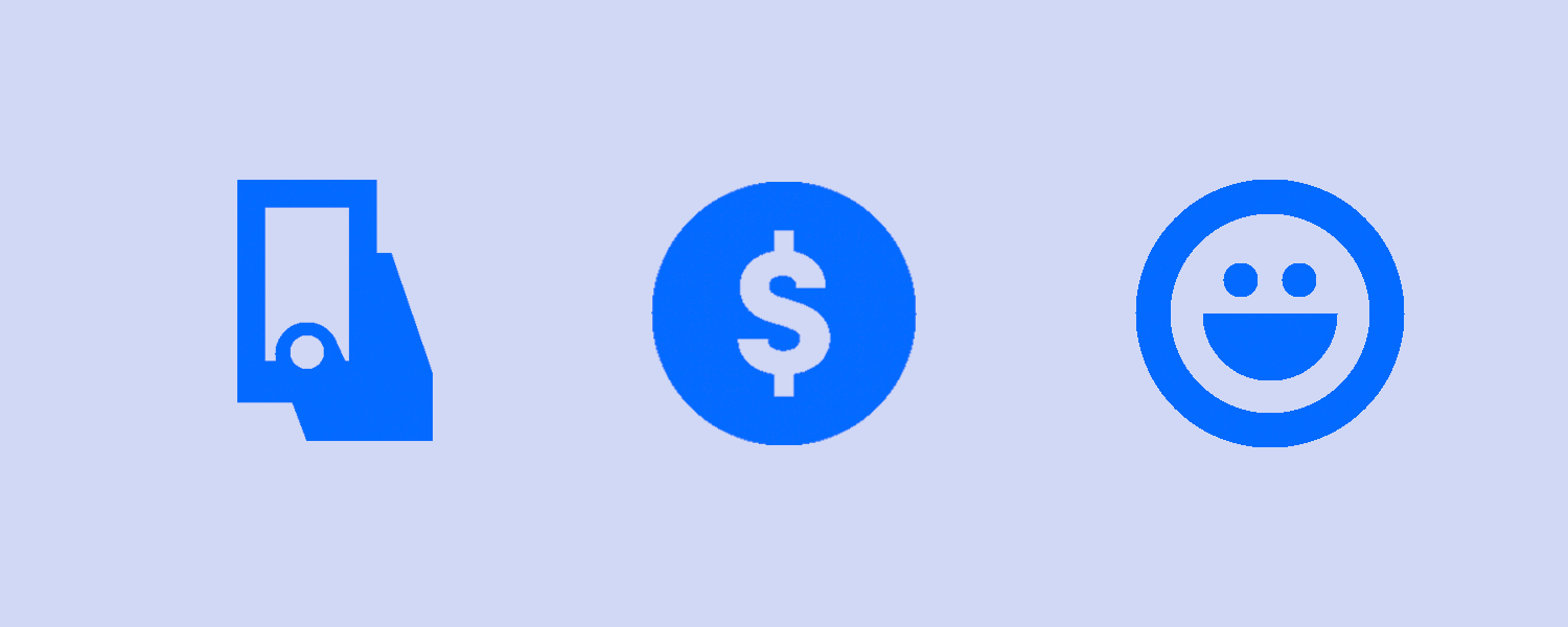 An illustration of a blue Lyft app, a dollar sign, and a smiling face.