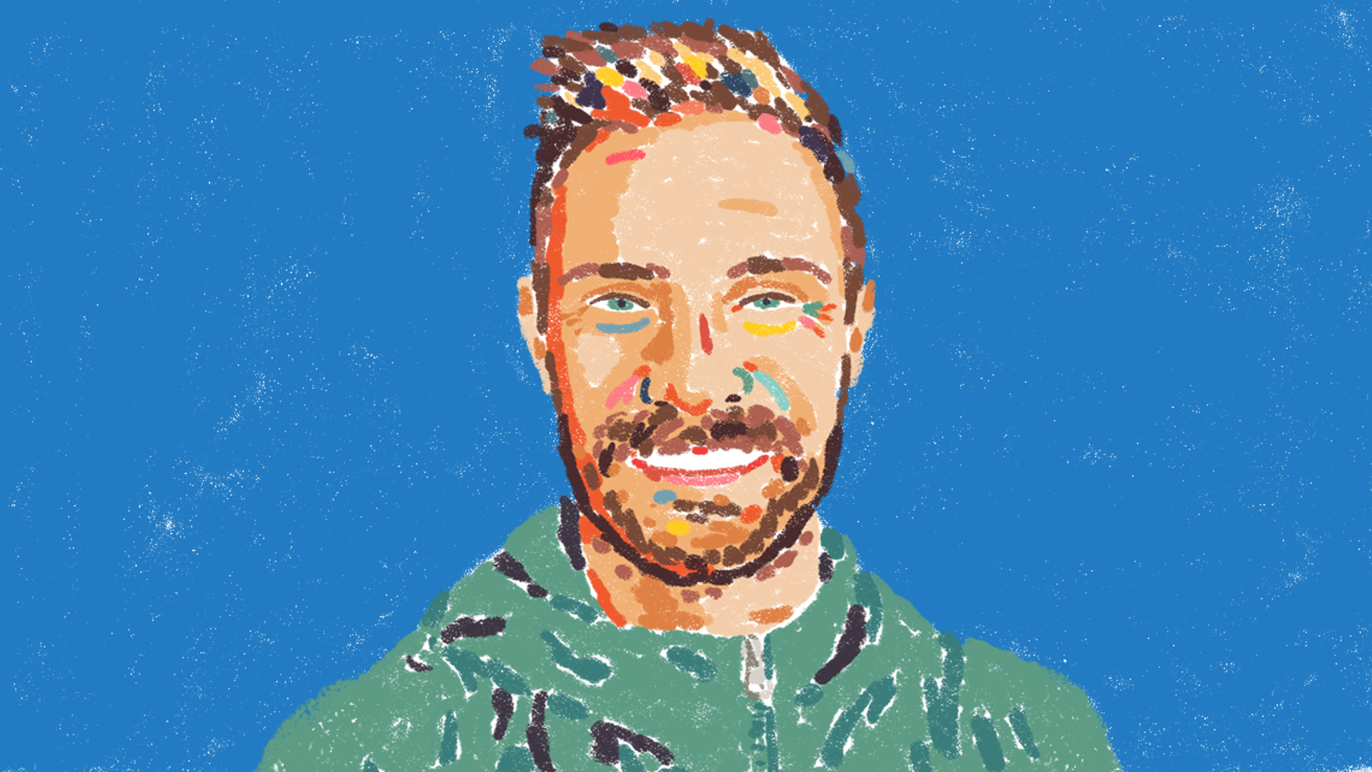 Illustration of male with blonde hair wearing a green sweater over a blue background.
