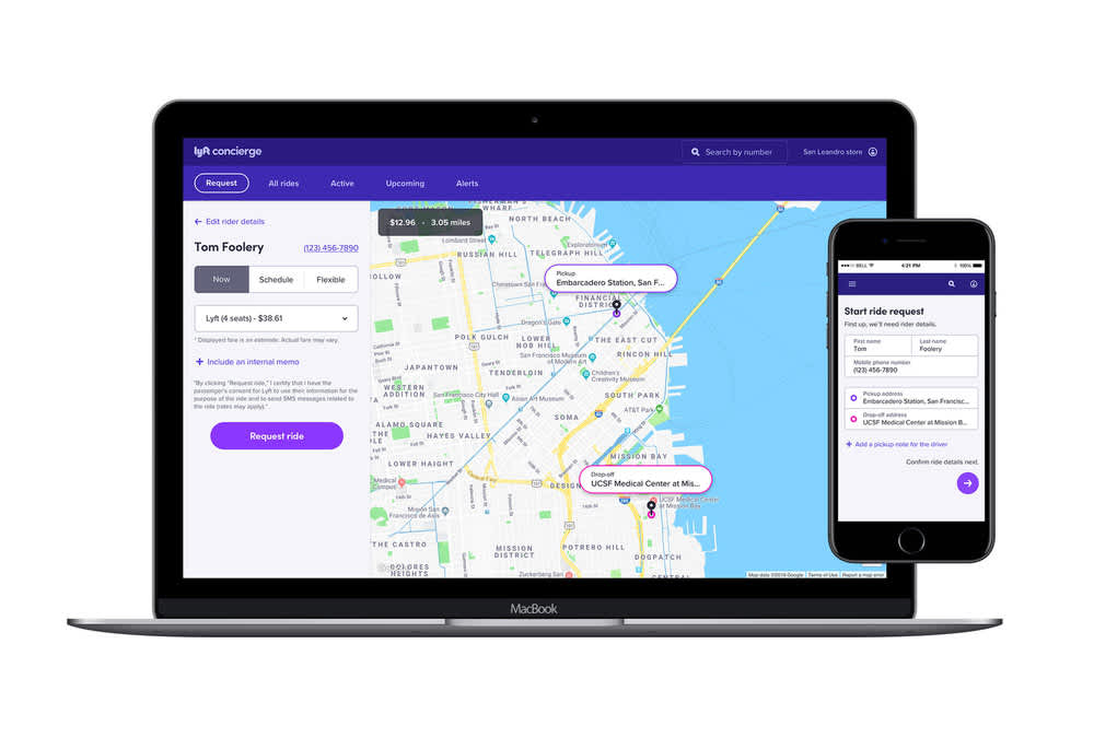 A product shot of Lyft Concierge including a map with pickup and drop-off destinations for the customer.