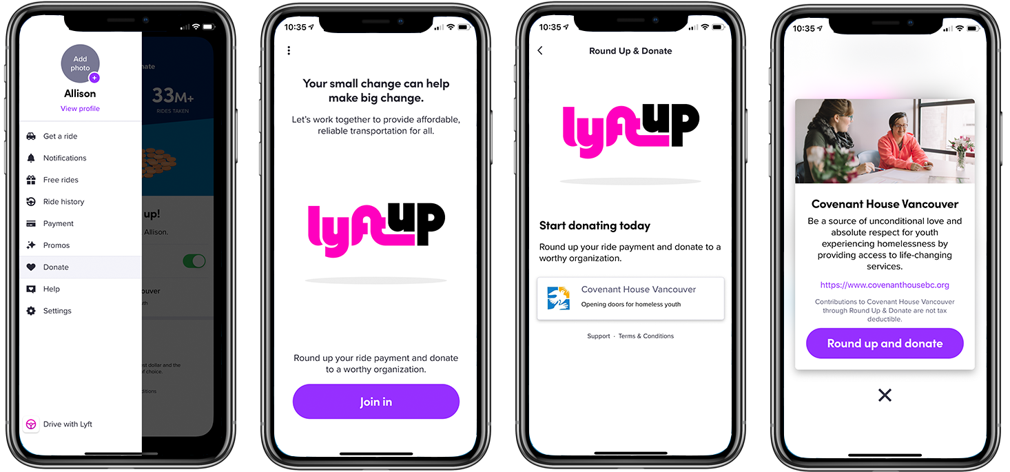 Four images of Round Up and Donate feature in the Lyft app.
