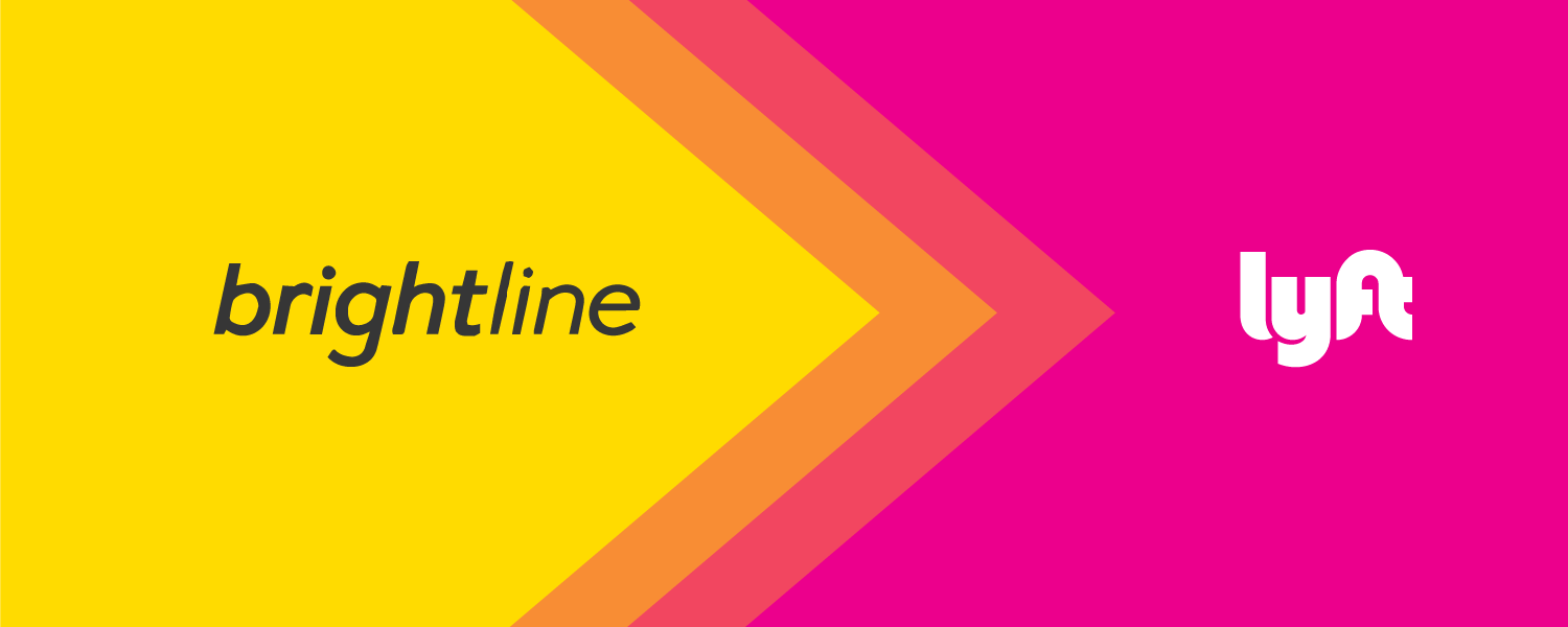 Brightline and Lyft logos on a yellow and pink background.