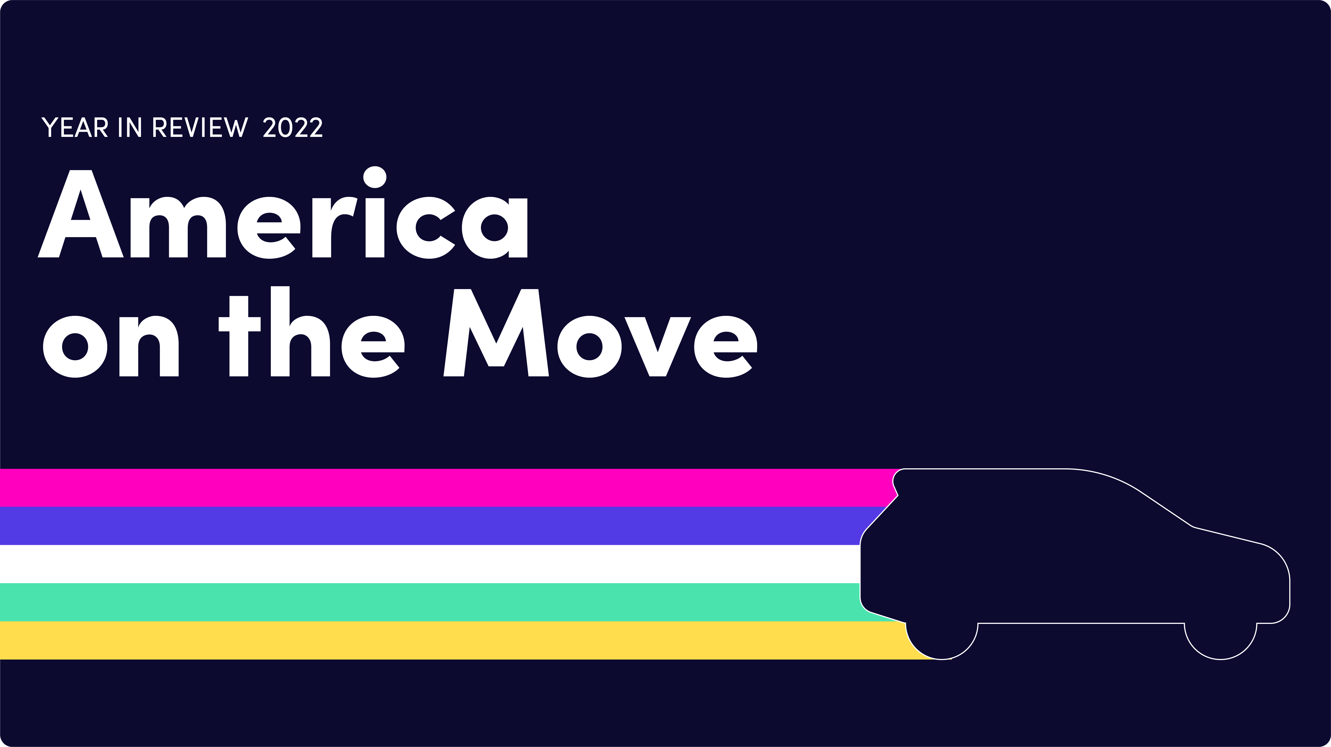 Graphical illustration reading: YEAR IN REVIEW 2022 America on the Move. Illustration of an SUV outline with magenta, blue, white, teal and yellow color bars extending from the bumper on a dark blue background.