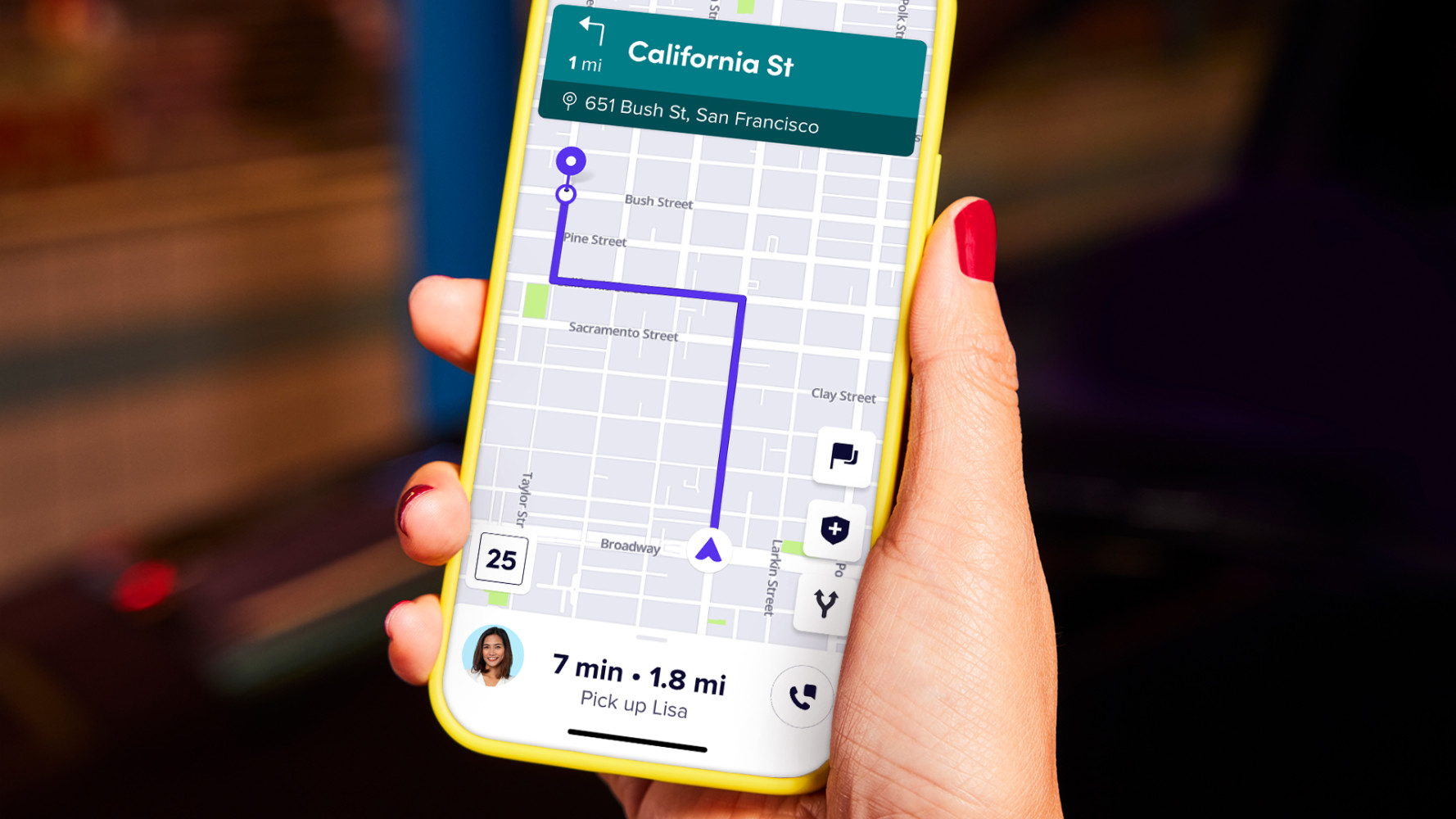 A photo illustration showing a phone with Lyft Maps displayed on it.