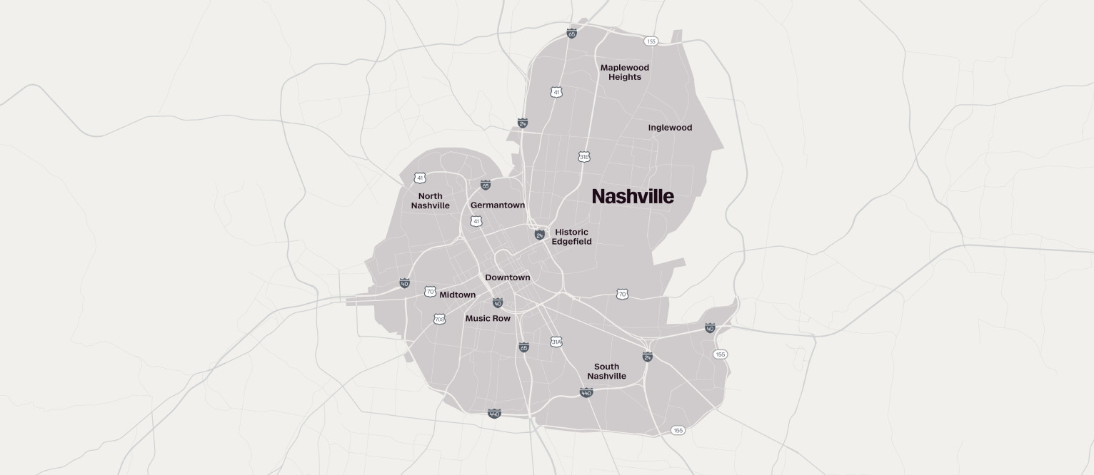 A map of Nashville, Tennessee, highlighting various neighborhoods like Midtown, Germantown, and Music Row in gray.