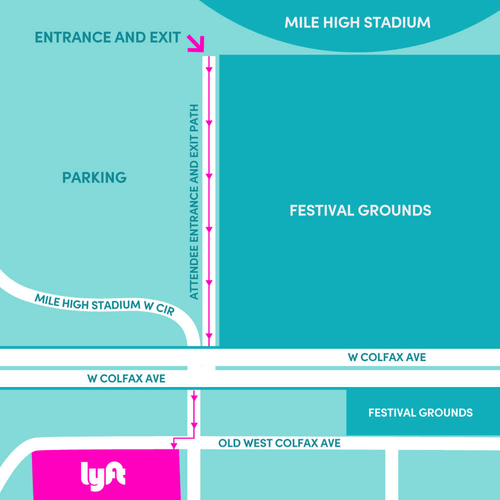 A map of Lyft pickup and drop-off locations at Global Dance Festival in Denver, CO.