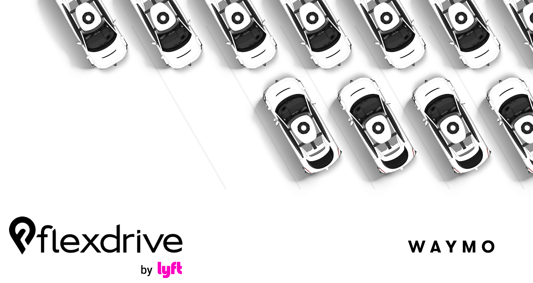Logo lockup of Flexdrive by Lyft & Waymo logos with overhead view of multiple parked Waymo autonomous vehicles. 