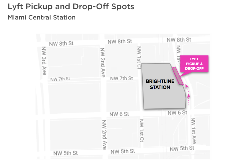 A map of pickup and drop-off spots at Miami Central Station.