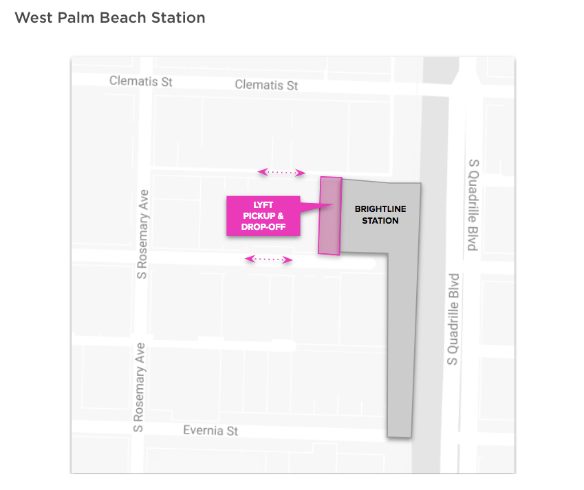 A map of Lyft pickup and drop-off locations at West Palm Beach Station