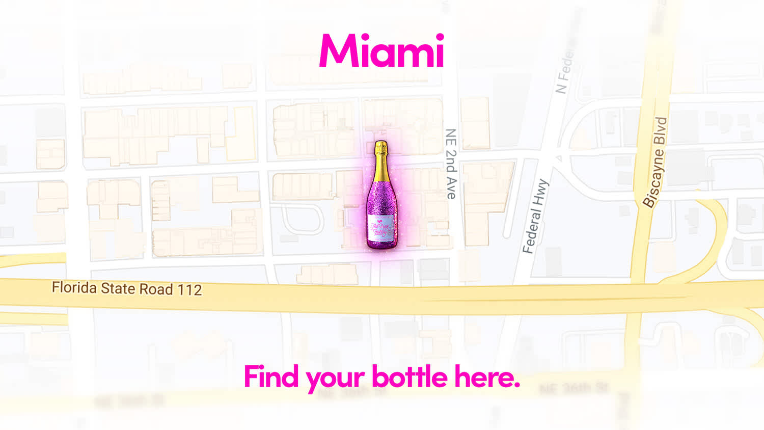 A map of Miami with the location of Lyft's "The Pink Bubbly" Champagne giveaway. 