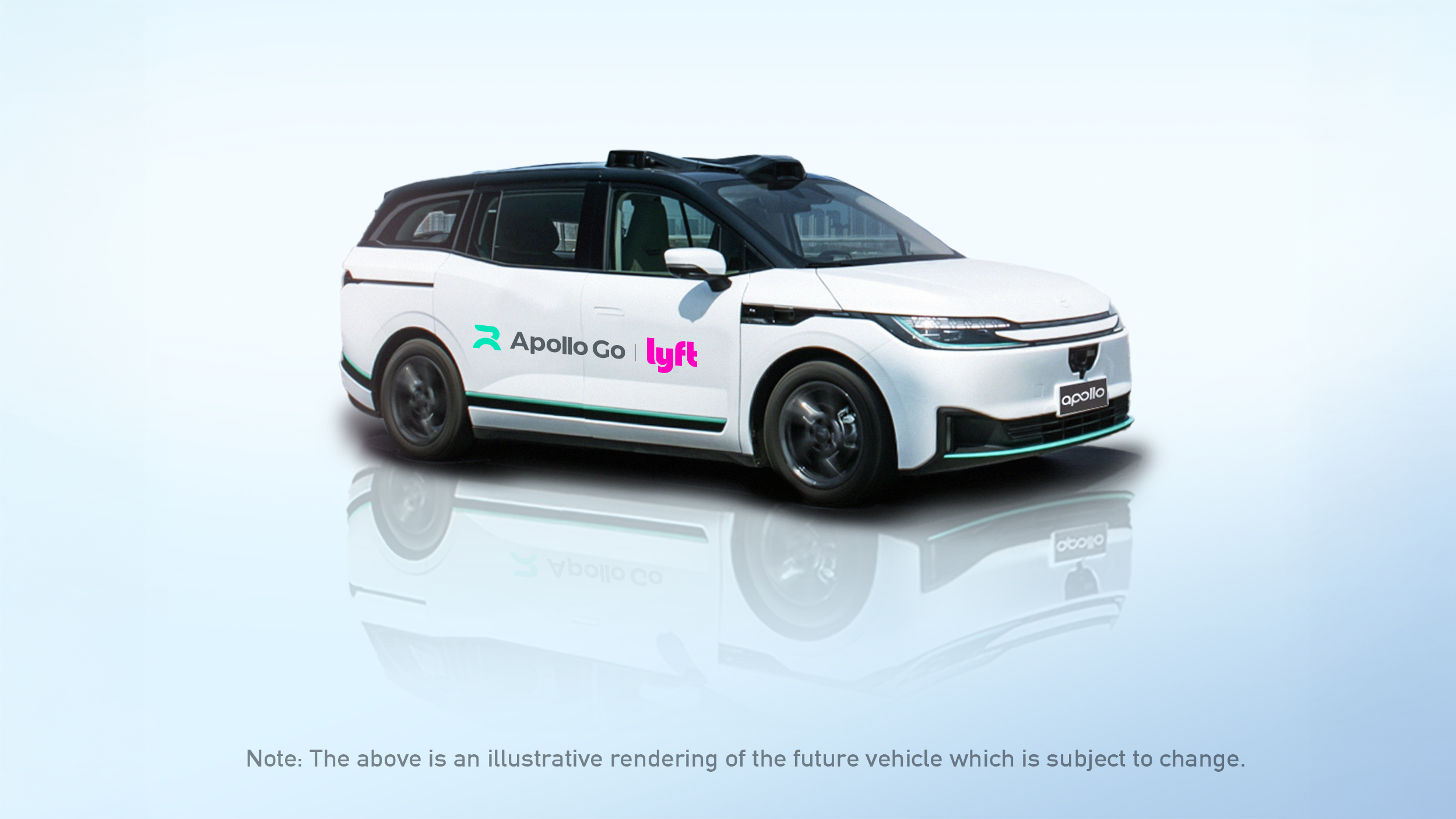 White Apollo Go and Lyft branded autonomous vehicle concept with black roof and reflective surface.