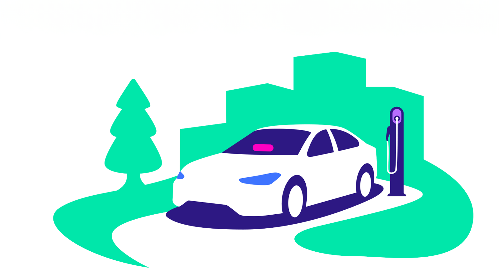 illustration of Lyft electric car next to a charging station with a a green tree and green city buildings in the background