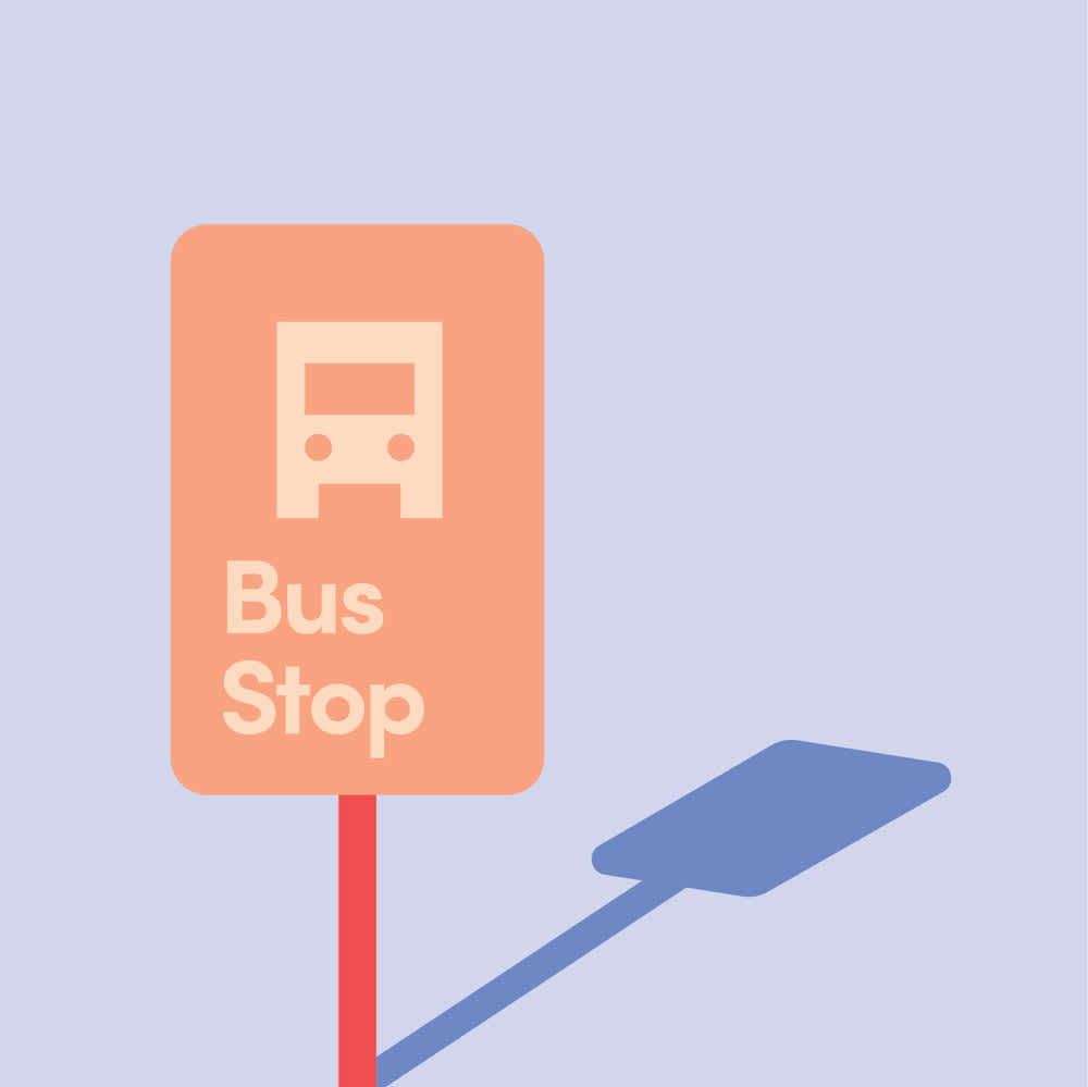 A pink bus stop sign with a bus in front of a purple background.