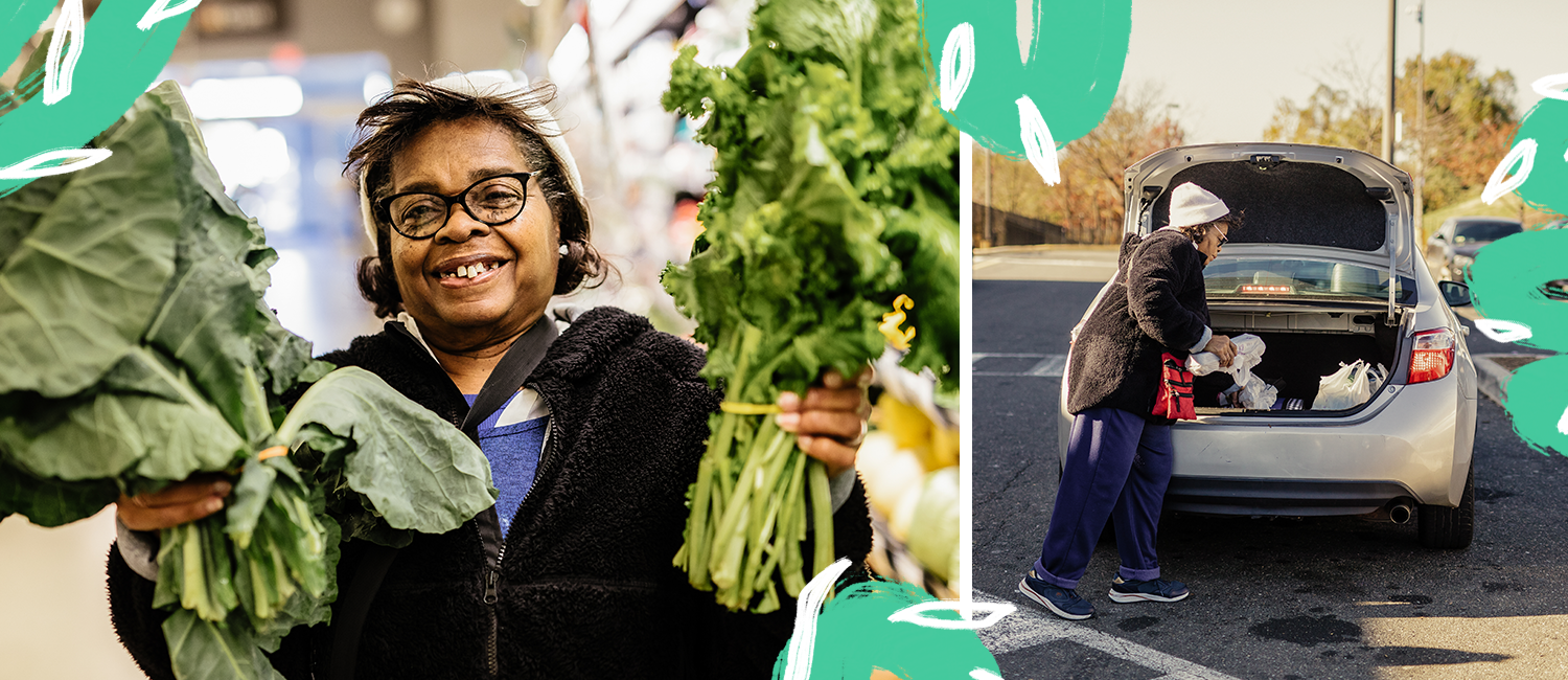 Florestine Jones grocery shopping with discounted rides through Lyft's Grocery Access Program.