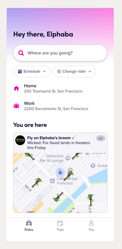 Lyft app showing Wicked map takeover advertising placement