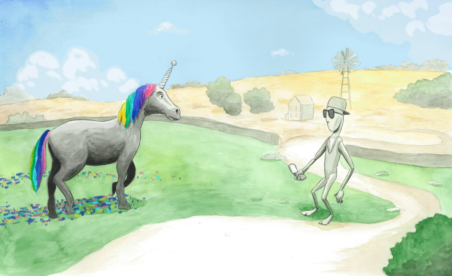 An illustration of a unicorn and an alien