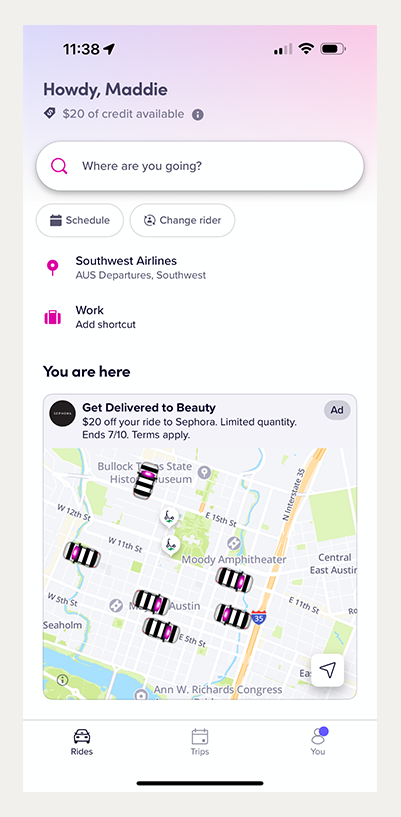Lyft app showing Sephora map takeover advertising placement