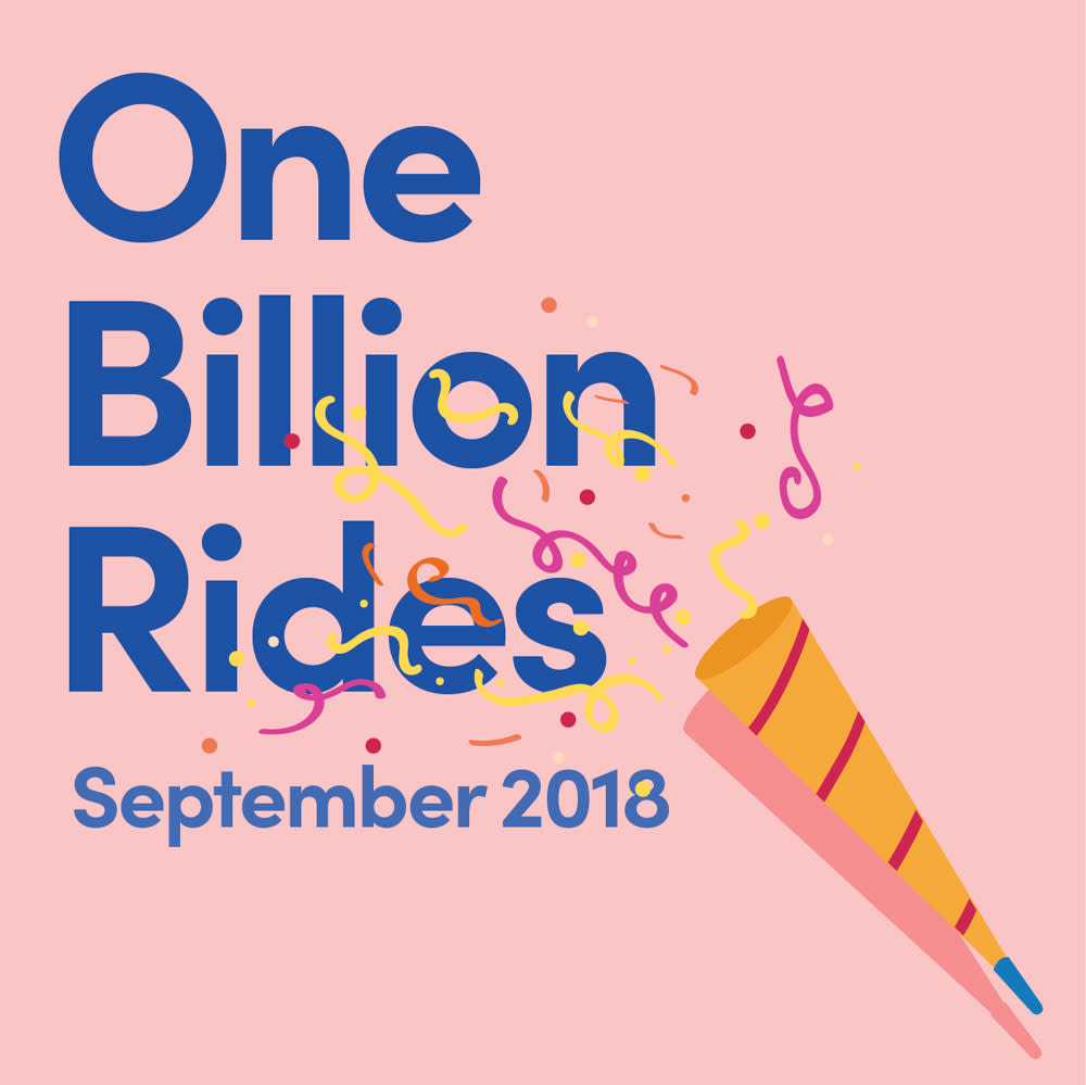 One billion rides: September 2018 written in blue with a pink background and confetti to celebrate a billion Lyft rides.