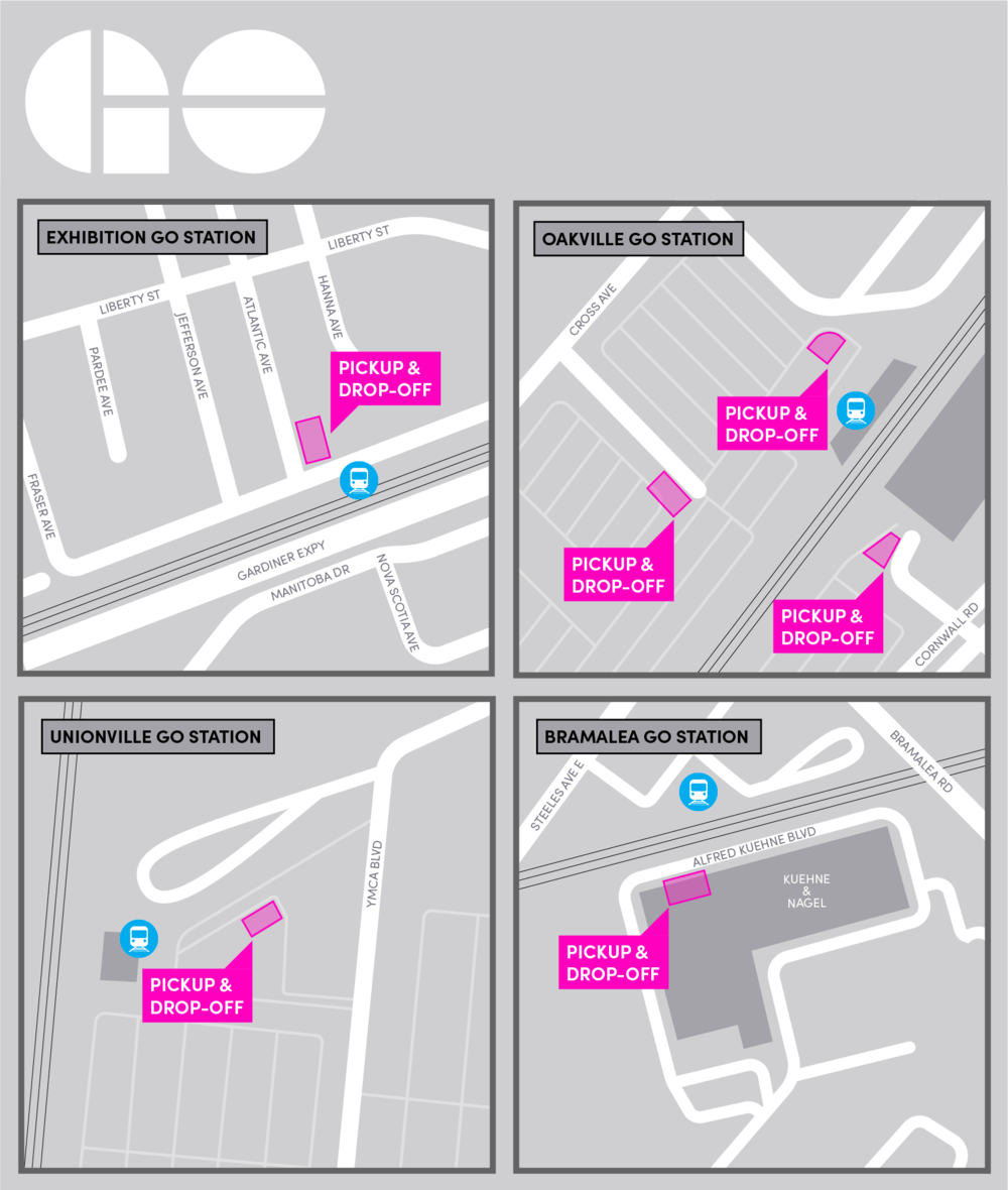 A map showing Lyft pickup and drop-off locations at Metrolinx.