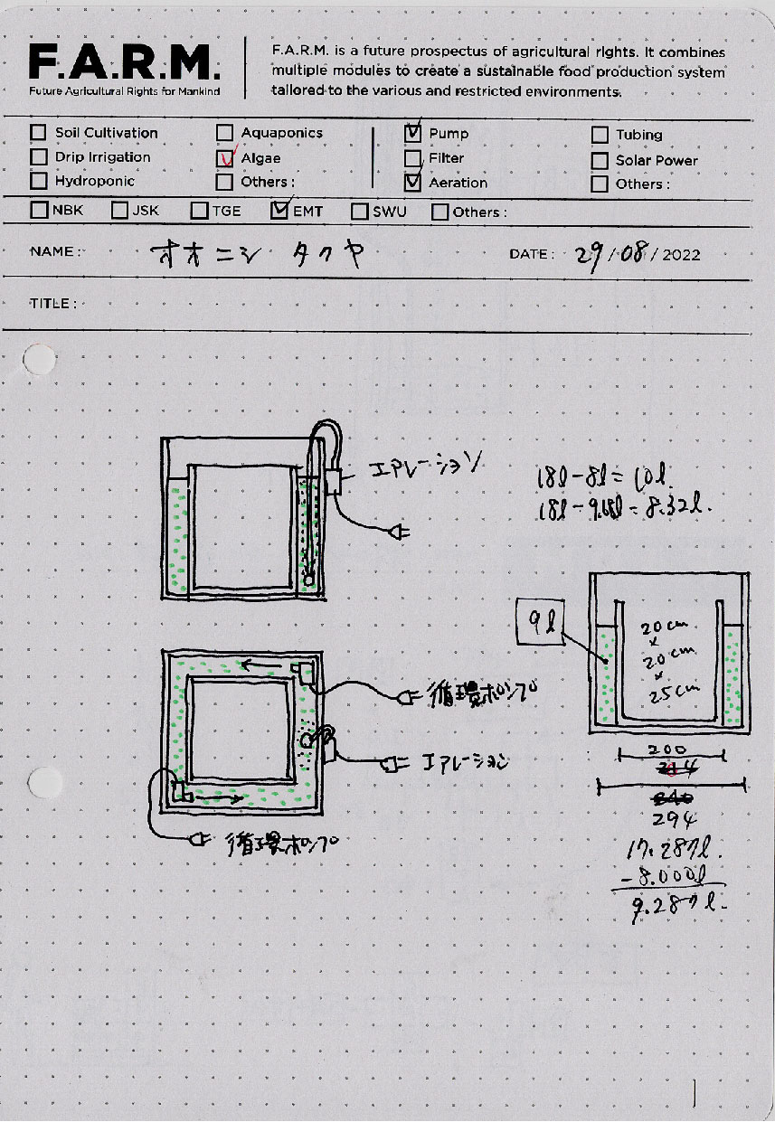 ボックスの組み合わせと藻培養ユニットの水量を計算しました。