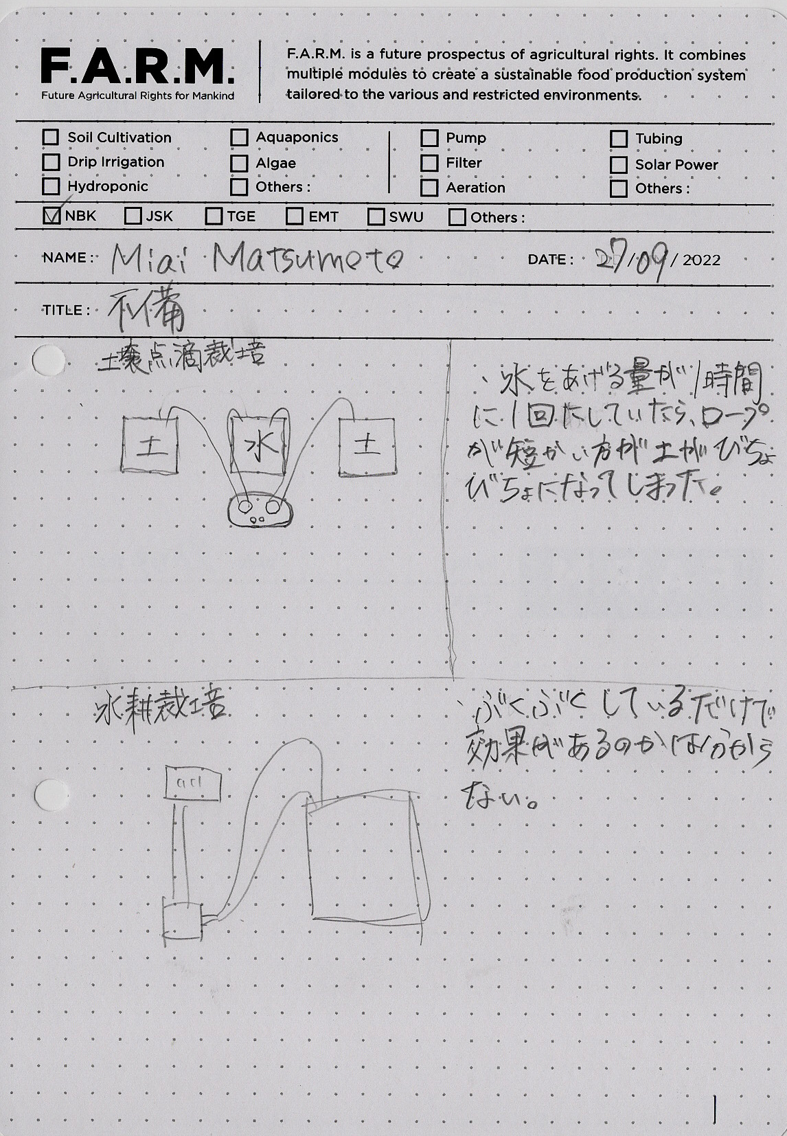 新渡戸文化高等学校で、土壌点滴栽培と水耕栽培循環式の実験を行いました。