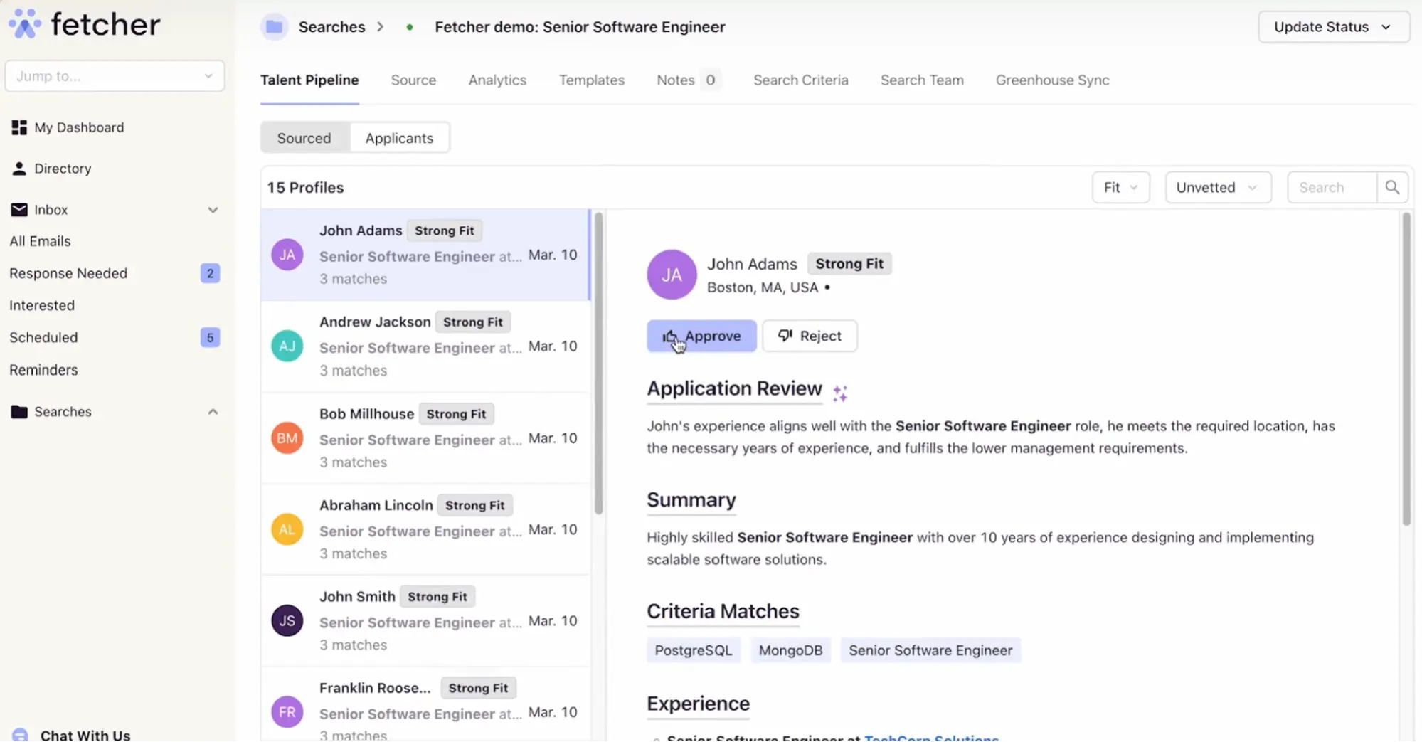 Fetcher dashboard showing sourced candidates on the left and a single candidate’s profile on the right with the approve button highlighted.